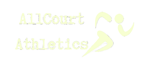 Logo of AllCourt Athletics with a stylized figure and ball on a black background